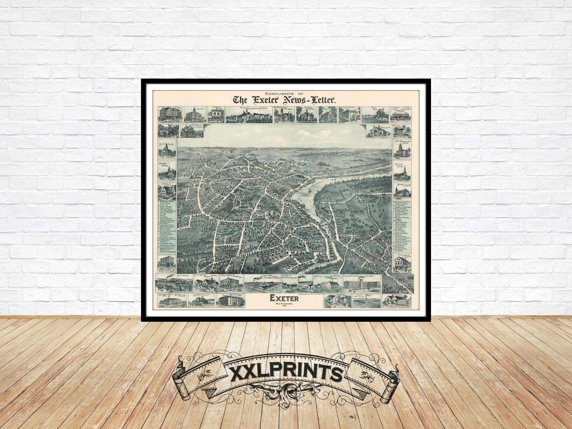 Old map of Exeter New Hampshire 1896 bird's eye view Etsy