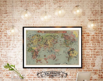 Old map of the World, 1932, japanese, fine reproduction, large map, vintage decor, fine art print