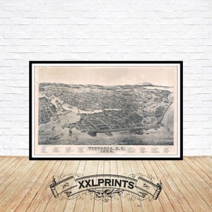 Victoria, British Columbia, aus der alten Vogelperspektive, 1889, Perspektive, feine Reproduktion, große Karte, Fine Art Druck, Überformat-Karte