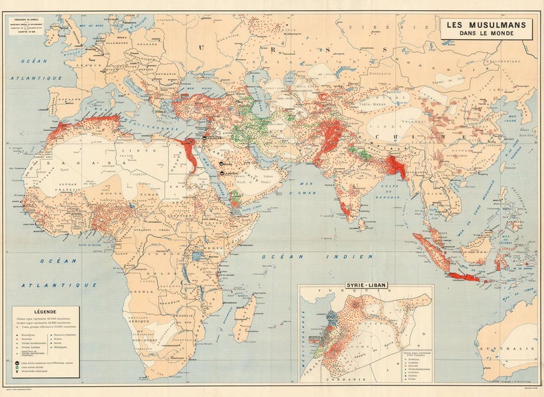 Old map of the Muslim World 19th century map fine | Etsy