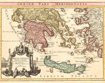 May include: Antique map of Greece, featuring detailed cartography with regions colored in pink, yellow, and green. The map includes Latin text and decorative elements, set against a cream-colored background.