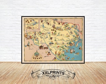 1935 cartoon map of Texas, pictorial map, fine reproduction, large map, fine art print, oversize map print