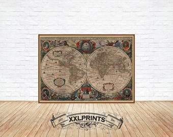 Antique map of the World, 1641, fine reproduction, large map, fine art print, antique decor, oversize map print