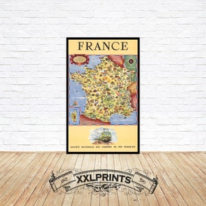 Antigo mapa pictórico da França, 1953, reprodução fina, mapa grande, impressão de belas artes, impressão de mapa em tamanho grande