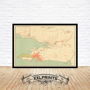 May include: A vintage map of Split and its surrounding area, printed in a light brown and green colour scheme. The map is titled "Split i okolica" and is dated "Maj 1938".