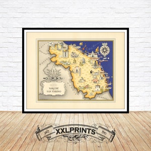 May include: A vintage illustrated map of the Marche and San Marino regions of Italy. The map is in a blue and yellow color scheme and features a compass rose and various landmarks.