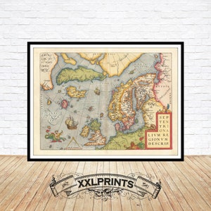 Ancienne carte du Royaume-Uni, Scandinavie, 1592, carte très rare, ancienne, belle reproduction, grande carte, impression d'art, impression de carte surdimensionnée