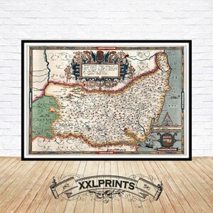 Ancient map of Suffolk, 1575, extremely rare map, United Kingdom&#39;s counties,fine reproduction,large map,fine art print,oversize map print
