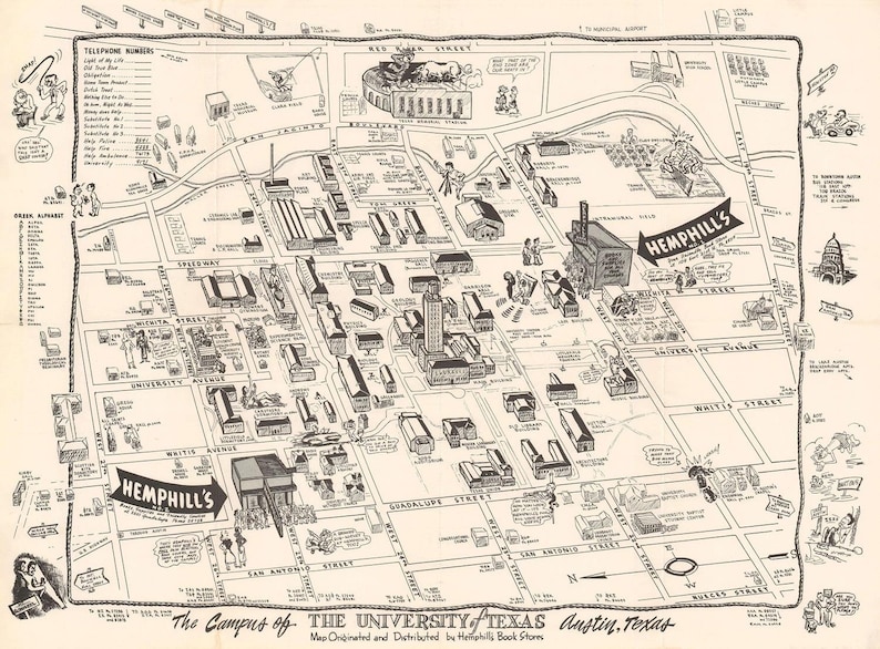 Old Pictorial Map of University of Texas Austin 1945 Fine | Etsy