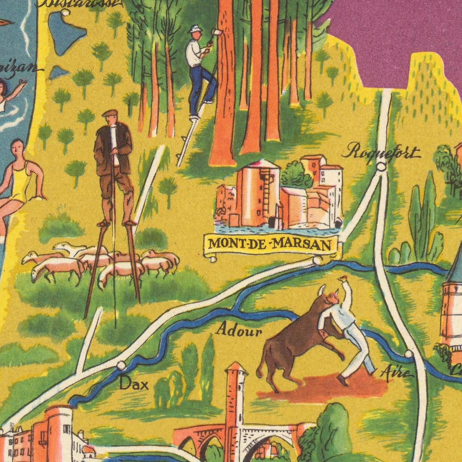 Old Pictorial Map of Gascony and Béarn 1951 Provinces of Etsy