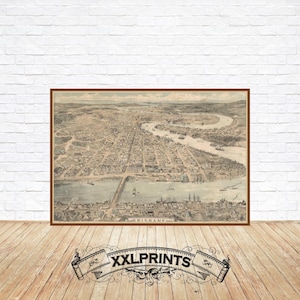 Alte Karte von Brisbane, Australien, 1888, aus der Vogelperspektive, Feine Reproduktion, antike Dekoration, Vintage Fine Art Print