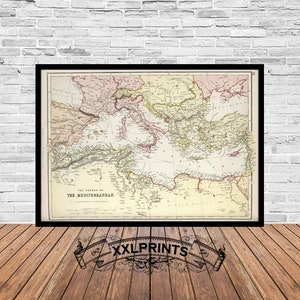 Stara mapa wybrzeży Morza Śródziemnego, 1882, antyczna mapa, doskonała reprodukcja, duża mapa, wydruk artystyczny, antyczny wystrój, wydruk mapy w dużym formacie