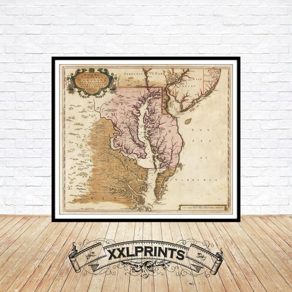 Old map of Virginia, Maryland, 1689, very rare map, antique, fine reproduction, large map, fine art print, oversize map print