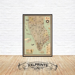 Mapa pictórico antiguo de Manhattan, Nueva York, 1927, reproducción fina, mapa grande, impresión de bellas artes, impresión de mapa de gran tamaño