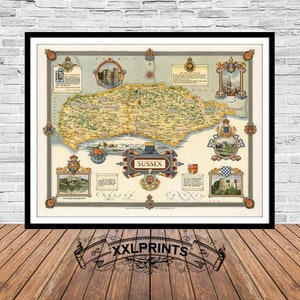 Old map of Sussex,19th century map, United Kingdom&#39;s counties,fine reproduction,large map, fine art print, antique decor, oversize map print