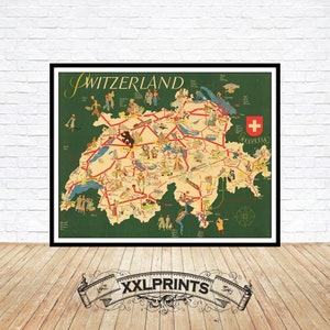 Ancienne carte illustrée de la Suisse, 1937, belle reproduction, grande carte, impression d'art, impression de carte surdimensionnée