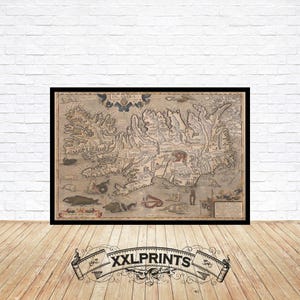 Mapa antiguo de Islandia, 1590, mapa muy raro, antiguo, reproducción fina, mapa grande, impresión de bellas artes, decoración antigua, impresión de mapa de gran tamaño
