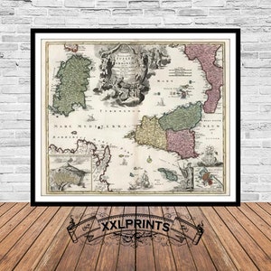 Sicily & Sardinia Map Print: 1712 Antique Fine Art Reproduction