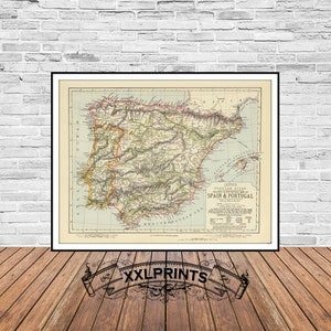 Mapa antiguo de España, Portugal, 1883, mapa del vino, mapa raro, reproducción fina, mapa grande, impresión de bellas artes, decoración antigua, impresión de mapa de gran tamaño