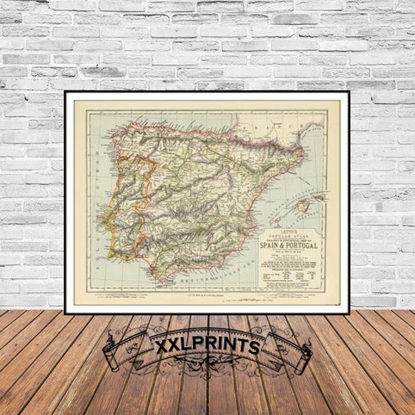 Old map of Spain, Portugal, 1883, wine map, rare map, fine reproduction, large map, fine art print, antique decor, oversize map print