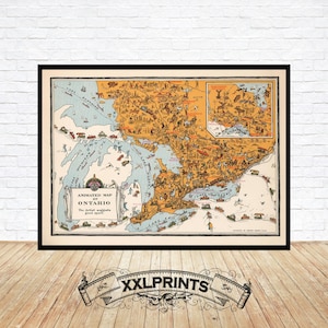 Alte animierte Landkarte von Ontario, 1929, Provinzen Kanadas, feine Reproduktion, Fine Art Druck, Oversize Druck
