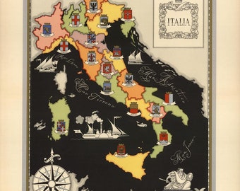 1939 Italy Regions Map: Vintage Fine Art Print - Etsy