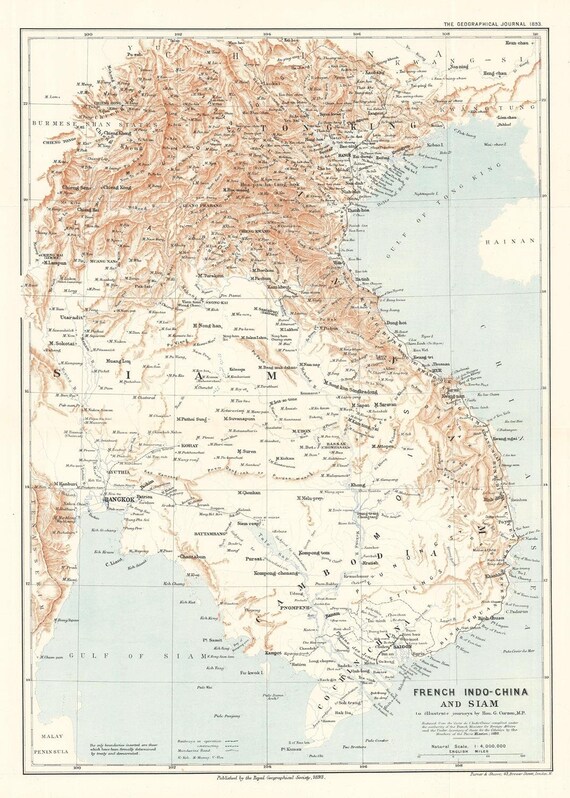 フランス領インドシナ地図印刷物：1893年アンティーク東南アジア複製