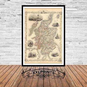 Ancienne carte de l'Écosse, 1851, carte ancienne, îles Shetland, belle reproduction, grande carte, impression d'art, décor antique, impression de carte surdimensionnée