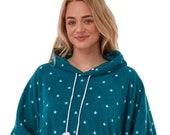 Ladies Suzy Me Fleece Poncho. Teal With White Star or Black with White Polka Dot Design.