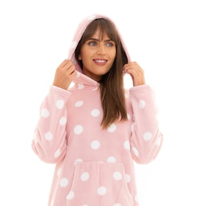 Ladies Suzy & Me Luxury Fleece Pink Spot Nightdress with Hood