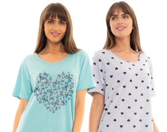 Ladies Suzy & Me Pack of 2 Duck Egg Butterfly 100% Cotton Nightshirts