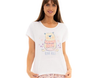 Ladies Suzy & Bear Hugs Print 100% Cotton Crop Pyjama