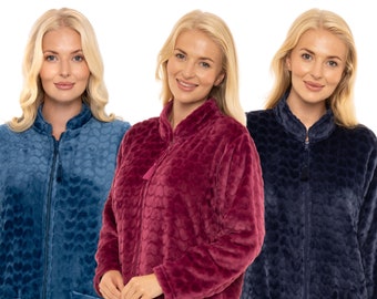 Suzy & Me Ladies Zip Front Soft Embossed Fleece Dressing Gown