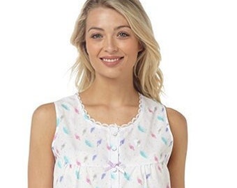Ladies Suzy & Me Sleeveless Feather Print Front Opening Nightdress