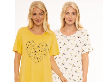 Suzy & Me Ladies Pack of 2 Yellow Bee 100% Cotton Nightshirts