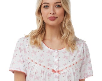 Ladies Short Sleeved 100% Cotton Jersey Butterfly Print Nightdress