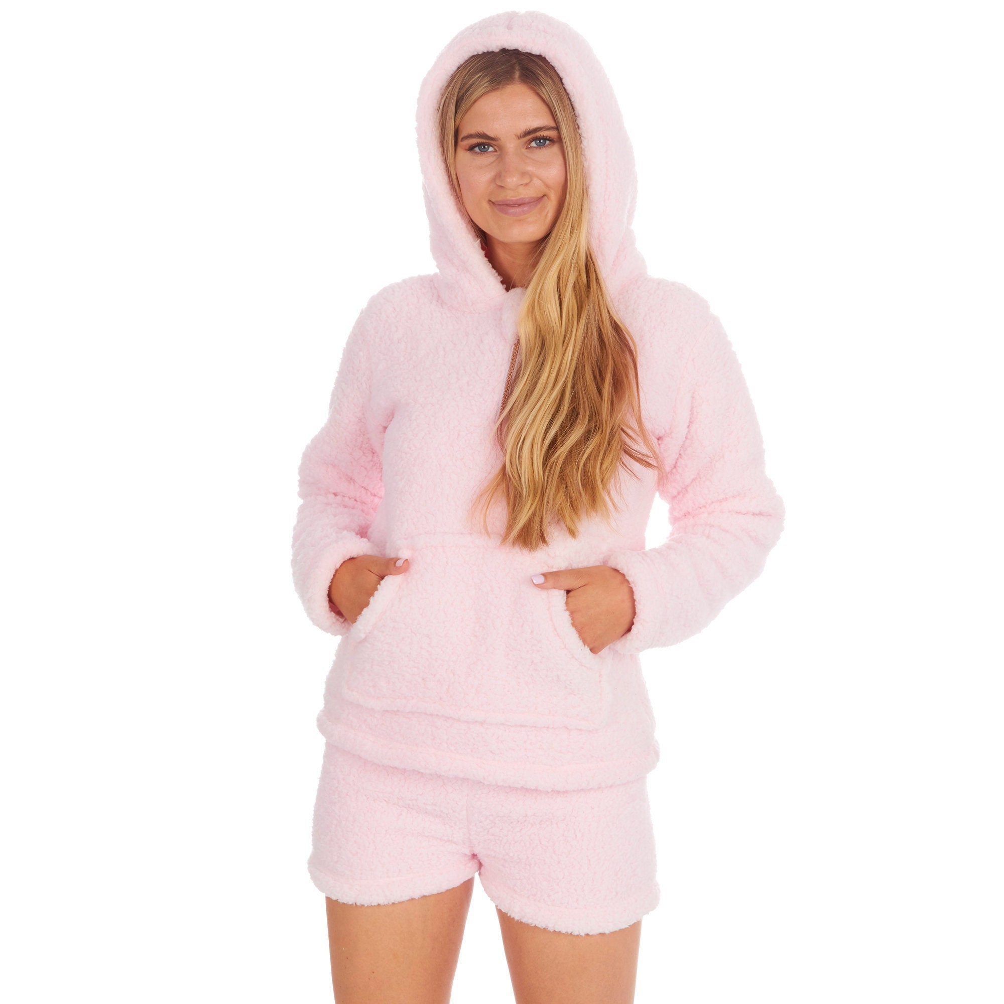 Ladies Luxury Borg Fleece Hoodie Top 