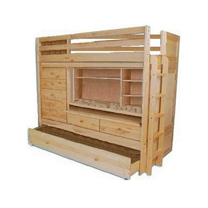May include: A natural wood bunk bed with a built-in desk, shelves, and drawers. The bed has a ladder on the side and a pull-out drawer underneath.