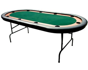 May include: A green felt oval-shaped poker table with black padded edges and a black metal folding frame.