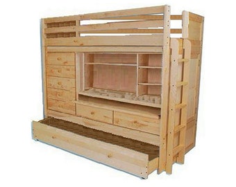 May include: A natural wood bunk bed with a built-in desk, shelves, and drawers. The bed has a ladder on the side and a pull-out drawer underneath.