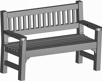 May include: A gray wooden bench with a slatted back and seat. The bench has armrests and is made of sturdy wood.