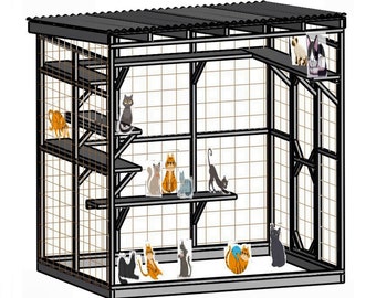 May include: A black metal cat cage with a roof and multiple levels. The cage has a variety of cat toys and accessories, including a scratching post, a hammock, and a tunnel. There are also several cats inside the cage, including a black cat, a gray cat, and an orange cat.