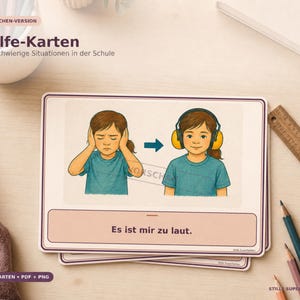 Peut inclure: Une carte éducative rectangulaire illustrant une personne se couvrant les oreilles, suivie d'une flèche pointant vers la même personne portant des casques antibruit jaunes. Le texte ci-dessous indique : "Es ist mir zu laut."