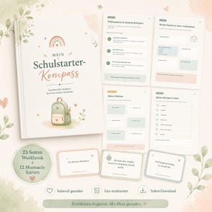 Pode incluir: Um caderno de exercícios intitulado Mein Schulstarter-Kompass com uma ilustração de arco-íris e mochila, acompanhado por quatro páginas internas mostrando seções como Meine Stärken e Meine Morgenroutine, além de três pequenos cartões.