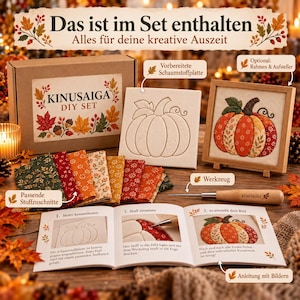 Könnte beinhalten: Ein Kinusaiga DIY-Set mit Karton, einer Schaumstoffplatte mit Kürbis-Umriss, Stoffstücken in Herbstfarben, einem Werkzeug mit Holzgriff und einer bebilderten Anleitung, die den Prozess der Erstellung eines Stoffbildes zeigt.