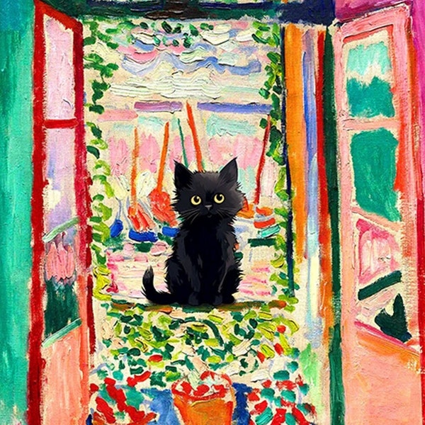 Black Cat Wall Art Poster Matisse Print On Canvas, Open Window Painting Cute Funny Kitten Cat Lover Gifts Pet Home Decor Bedroom Wall Decor