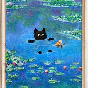 Black Cat Gifts Claude Monet Print Cute Funny Wall Art, Water Lilies Poster Kitten Oil Painting Canvas Pet Drawing Lover Bedroom Wall Decor