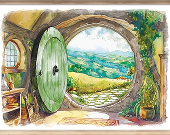 The Hobbit Decor Hole Wall Art Print Lord Of The Rings LOTR Tolkien Poster, Hobbitcore Gift Bag End Painting The Shire Watercolor Door House