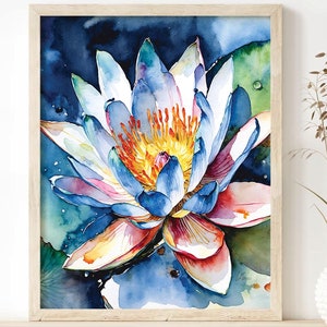 Blue Lotus Flower Wall Art Print - Watercolor Painting, Canvas or Poster Colorful Bright Large Floral Wall Decor, Botanical Plants Girl Gift