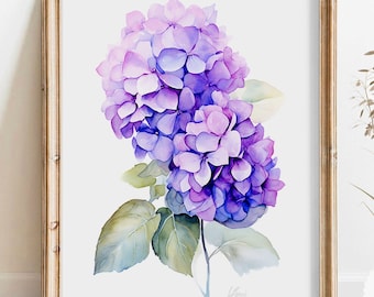 Purple Hydrangea Painting Watercolor Wall Art PRINT Floral Wall Decor Minimalist Flower Drawing Modern Abstract Botanical Art Plant Picture